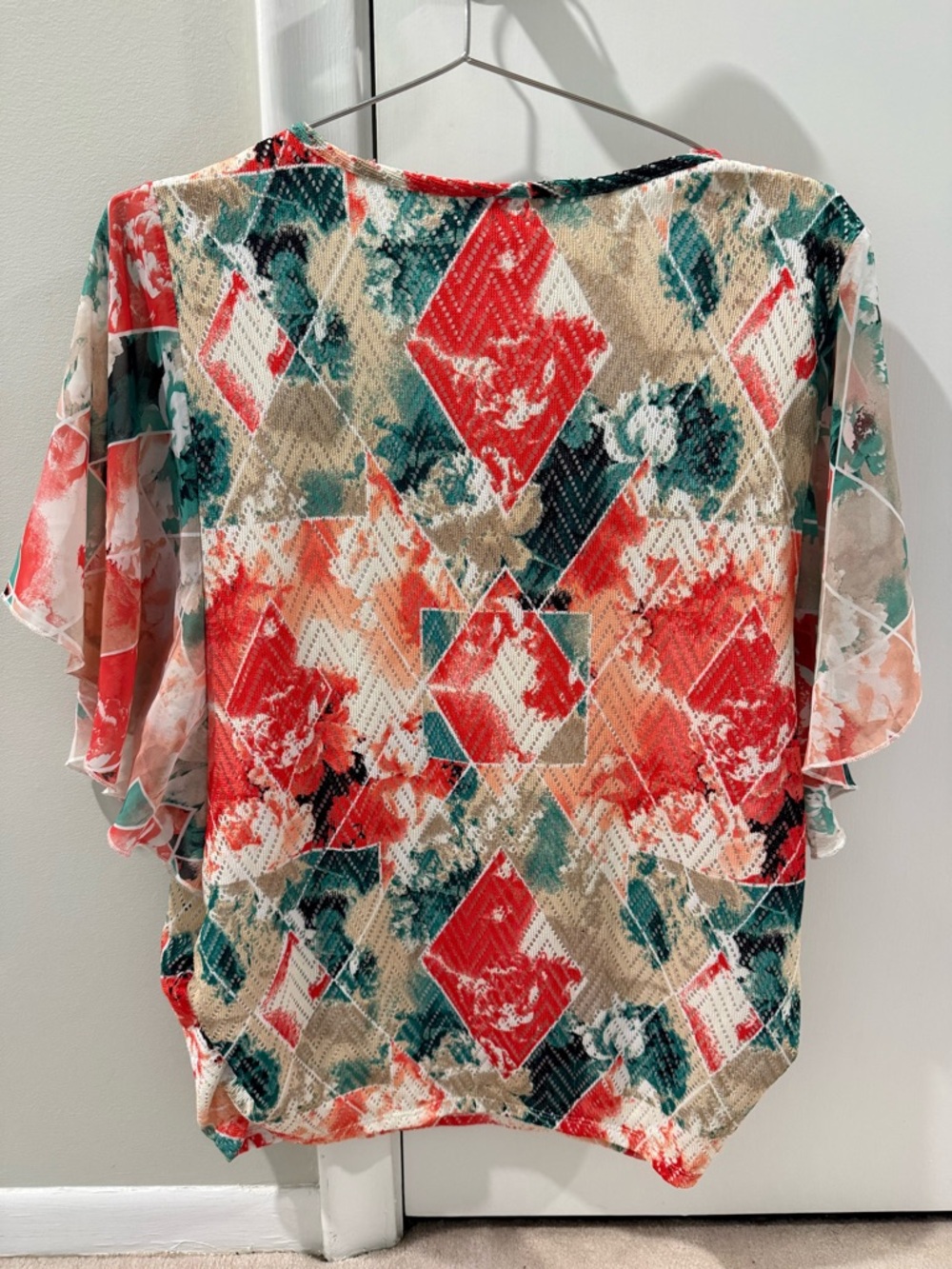 JM Collection Women’s Floral Geometric Short Sleeve Blouse - Orange/Green - Picture 2 of 5